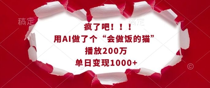 疯了吧！用AI做了个“会做饭的猫”，播放200万，单日变现1k-时课网